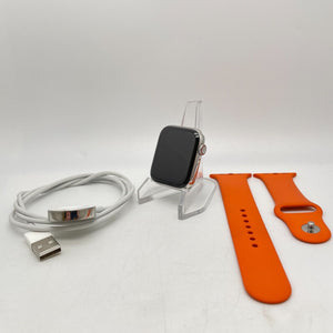 Apple Watch Series 4 Cellular Silver S. Steel 44mm Orange Sport Band Very Good