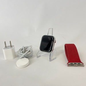 Apple Watch Series 5 Cellular Silver S. Steel 44mm w/ Red Braided Solo Very Good
