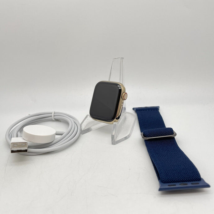 Apple Watch Series 7 Cellular Gold S. Steel 41mm w/ Blue Sport Loop Excellent