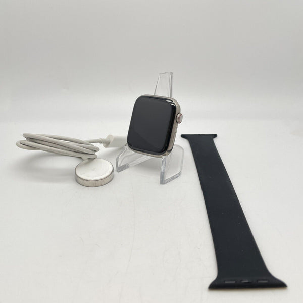 Apple Watch Series 7 Cellular Silver Titanium 45mm w/ Black Solo Loop Excellent