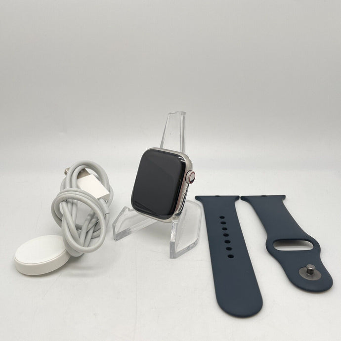Apple Watch Series 7 Cellular Silver S. Steel 41mm w/ Blue Sport Band Very Good