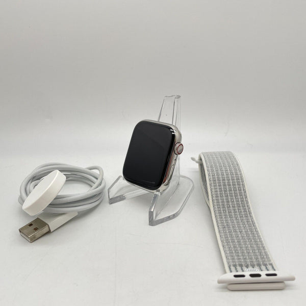 Apple Watch Series 7 Cellular Silver S. Steel 45mm w/ White Sport Loop Excellent
