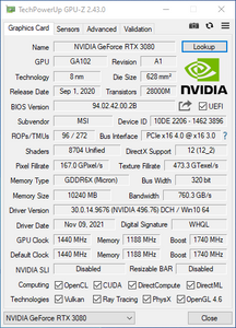 MSI Gaming Ventus OC NVIDIA GeForce RTX 3080 10GB GDRR6X FHR