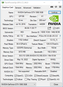 MSI NVIDIA GeForce 1060 OCV1 3GB GDDR5 FHR 192 Bit