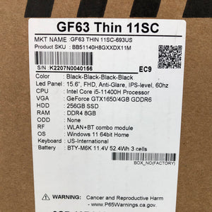 MSI GF63 Thin 15" Black 2021 FHD 2.7GHz i5-11400H 8GB 256GB GTX 1650 - BRAND NEW
