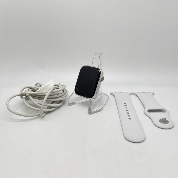 Apple Watch Series 6 Cellular Silver Aluminum 44mm w/ White Sport Band Good