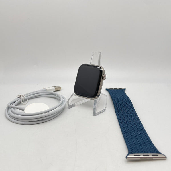 Apple Watch Series 7 Cellular Silver Titanium 45mm Blue Braided Solo Loop Good