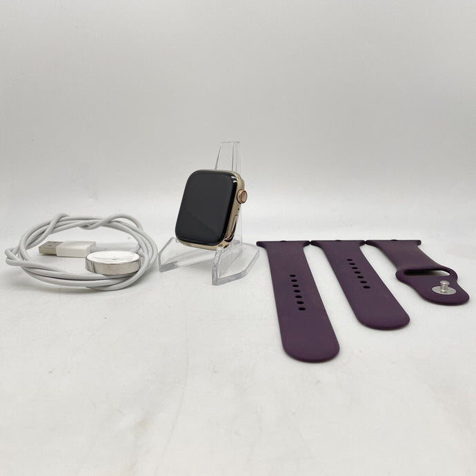 Apple Watch Series 7 Cellular Gold S. Steel 45mm w/ Purple Sport Band Excellent