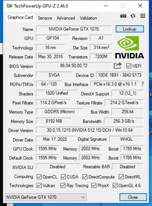 EVGA NVIDIA GeForce GTX 1070 SC ACX 3.0 8GB FHR GDDR5 256 Bit - Good - Graphics