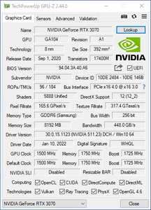 NVIDIA GeForce RTX 3070 8GB GDDR6 256 Bit Graphics Card