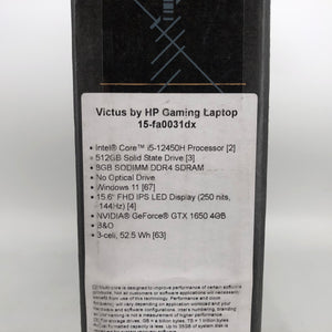 HP Victus 15.6" Grey 2022 FHD 2.0GHz i5-12450H 8GB 512GB SSD - GTX 1650 - NEW