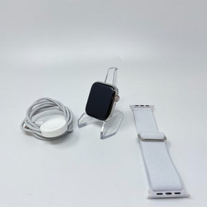 Apple Watch Series 7 Cellular Silver S. Steel 45mm w/ White Sport Loop Very Good